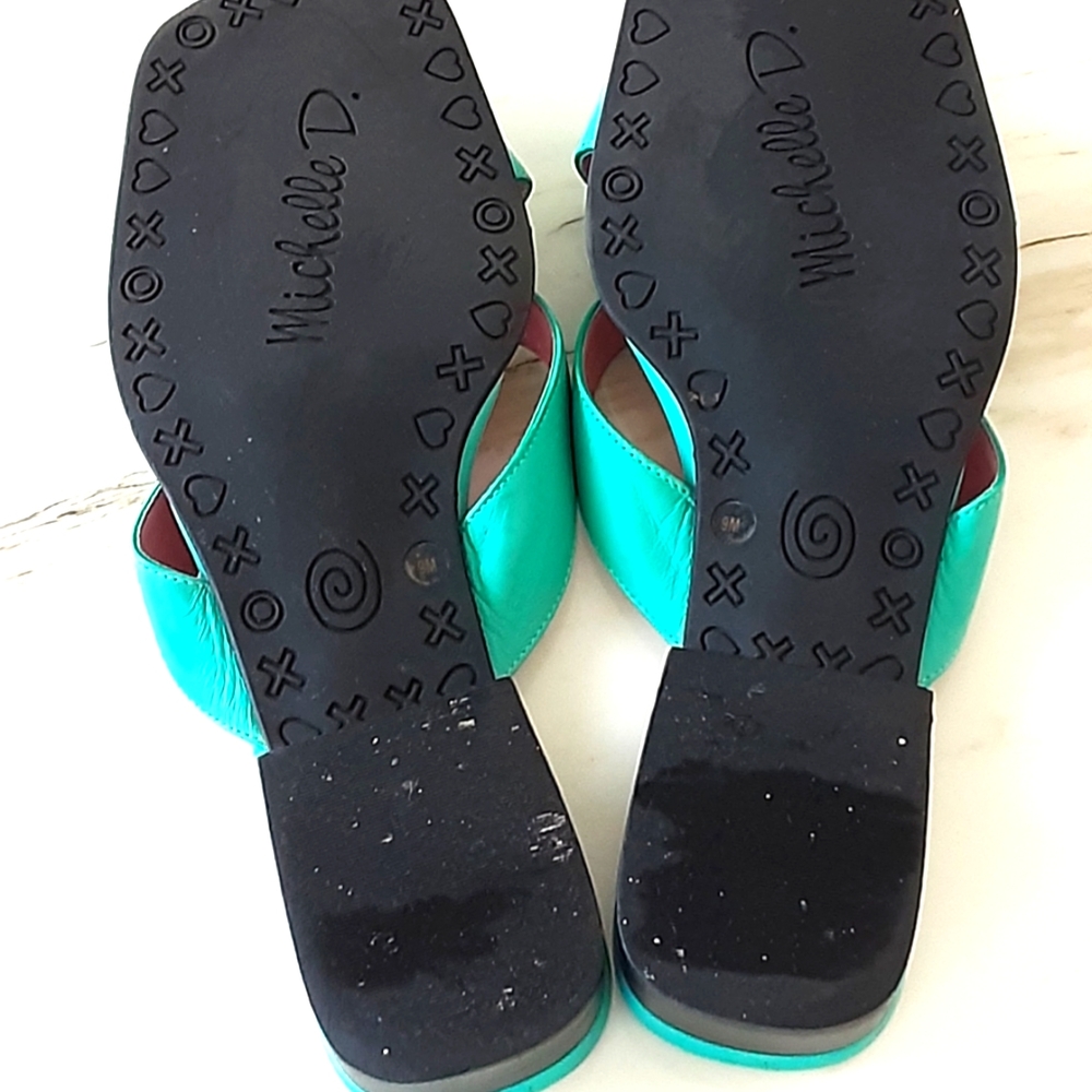 VTG 90s MICHELLE D TEAL LEATHER BOW TIE SLIDES SZ 9M - Picture 6 of 6